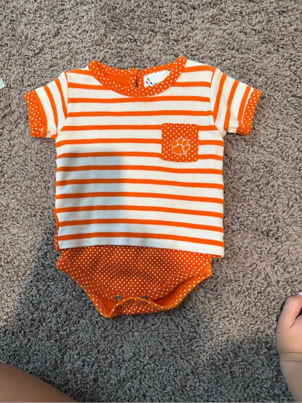 Two Feet Ahead Clemson Orange Stripe & Dot Baby Onesie